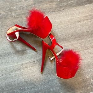 SHEIN marabou feather red platform heels